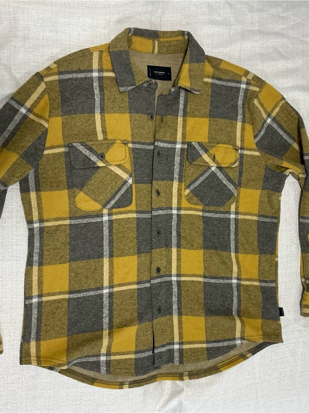 Lucky Brand Yellow and Gray Plaid Button-Down Shirt Men’s Size Large Heavyweight